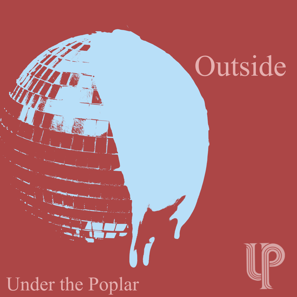 Outside album cover with a silhouette of a disco ball with a dripping liquid